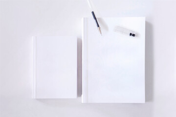 Escritorio vista desde arriba con cuadernos y bolígrafo. Espacio para texto o dibujo.