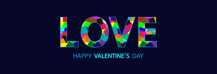 Word love in different colors on a blue background. Valentine's day greeting card.