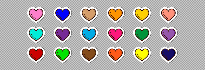 Set of multicolored hearts on a transparent background, love sticker icon.