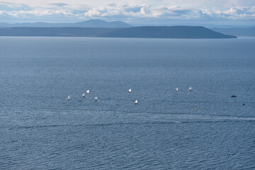 View of the Amur Bay in the daytime. Yachtsmen are trained in sailing.
