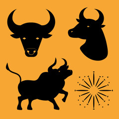 chinese new year card with oxen silhouettes set icons vector illustration design