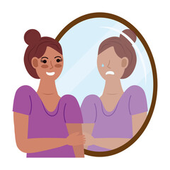 woman with bipolar disorder looking in the mirror character vector illustration design
