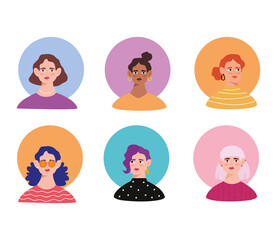group of six young women avatars characters vector illustration design