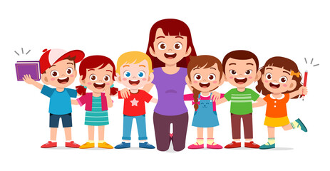 happy cute kids smile with teacher together
