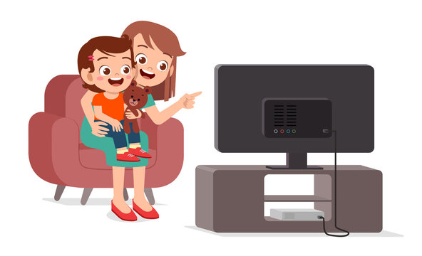 happy cute kid watch tv with family together