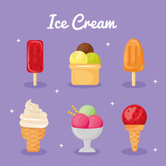 bundle of six ice creams set icons and lettering vector illustration design