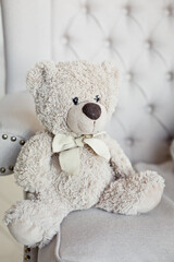 grey toy bear on a sofa