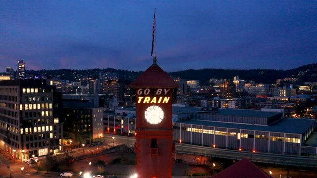 Historic Train Station Go By Train Sign at Portland Oregon Train Station at Night