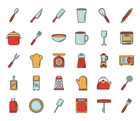 bundle of thirty kitchen utensils line and colors style icons vector illustration design