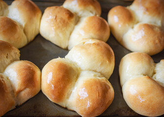 Freshly baked clover dinner rolls glistening with melted butter still in muffin tins. - Powered by Adobe