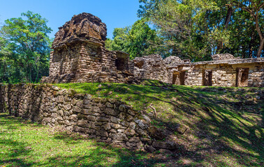 Maya ruin city of Yaxchilan, Chiapas, Mexico. Focus on foreground wall.