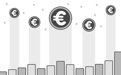 上昇する欧州の通貨ユーロのロゴ入り€コインと上昇する棒グラフ・ユーロ高イメージ素材