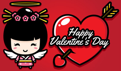 Cute girl character design on valentine's day happy greeting card
