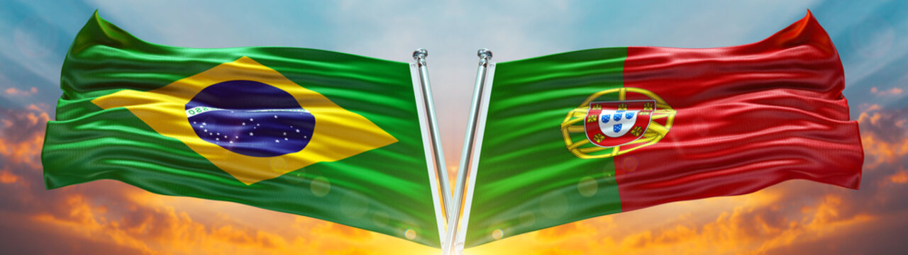 Double Flag Portugal and Brazil flag waving flag with texture sky Cloud and sunset background