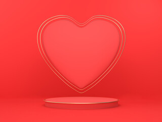 Abstract mockup scene for product presentation. A heart-shaped Valentine's Day pedestal for advertising services. 3D red catwalk. Render.