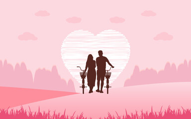 Silhouette couple man and woman walking together with bicycle and heart shape on sky