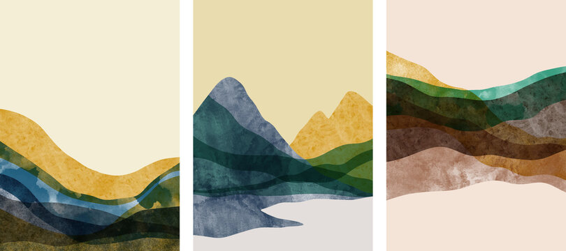 set of Abstract mountain landscape, oriental style. Minimalist design. Abstract water color. vector background illustration.