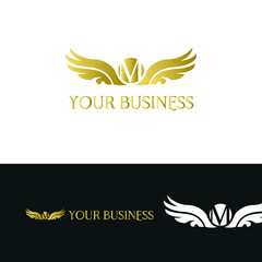 letter M and wings in luxury and elegant golden style logo design