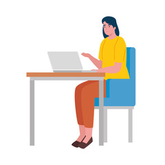 young woman seated in the office working in laptop character vector illustration design