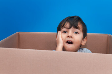 Niño escondido dentro de una caja de cartón expresando emociones.