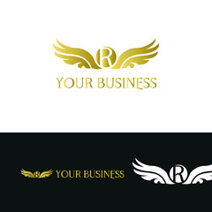 Fototapeta na wymiar letter R and wings in luxury and elegant golden style logo design