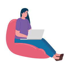 young woman working in laptop character vector illustration design