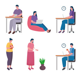 group of six workers coworking office characters vector illustration design