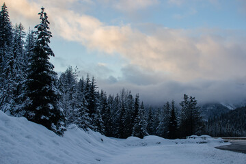 Fototapeta na wymiar Winter highway among snow-covered mountains and tall fir trees at sunset.