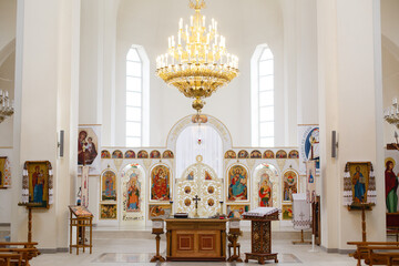 Kyiv, Ukraine, January 16, 2021. light Interior of Christian temple, Catholic Church, ready for the...