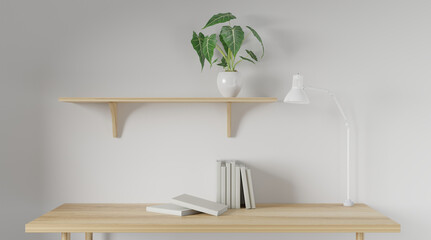 3d render Working desk and shelf with white background. blank book, desk lamp and green plant on shelf. minimal workspace. wall concept template.