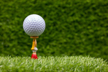 Golf ball is ready to tee off with caddy tee on green grass