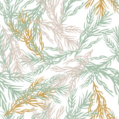 Isolated seamless multicolor pattern with blue, purple, orange rosemary branches ornament on white background.