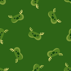 Head deer green chaotic seamless pattern on bright olive background. Children graphic design element for different purposes.