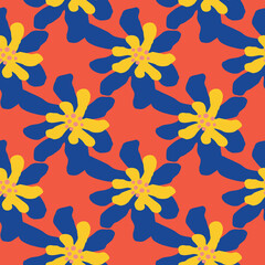 Fototapeta na wymiar Yellow and blue bright daisy flower shapes seamless pattern. Red background.