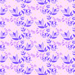 Seamless violet floral leaves with colorful dot pattern background 