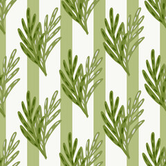 Simple design seamless pattern with doodle outline leaf twigs silhouettes. Striped background. Green palette.