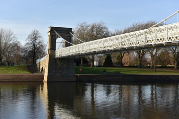 Nottingham, England - January 20, 2021: The arched foundations of Wilford suspension bridge over...