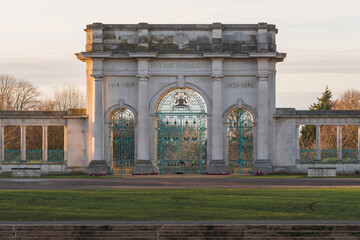 Fototapeta na wymiar Nottingham, England - January 20, 2021: The Memorial Arch was dedicated to commemorate British war dead, and fronts the Memorial Gardens, It sits facing the River Trent along the Embankment.