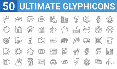 Fototapeta na wymiar set of 50 ultimate glyph icons web icons. outline thin line icons such as printer with paper,video comment,big cup,phone blocked,target with circle,circular counter clockwise arrows,message ballon,old