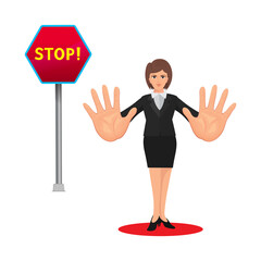 Businesswoman is pushing with the hands to stop, illustration vector cartoon