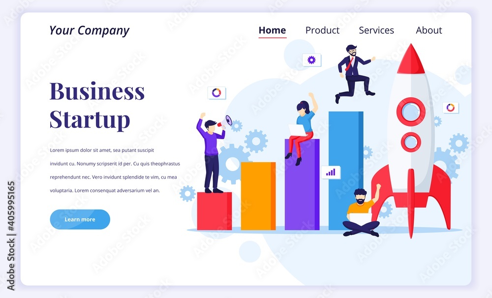 Wall mural landing page design concept of business startup. businessman running to rocket and move up to their 