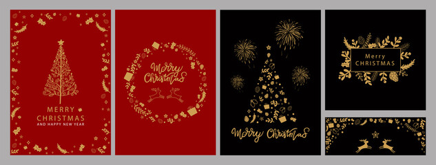 Fashionable Christmas card templates in retro style. Gold elements on a bright background. vector illustration