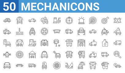 set of 50 mechanicons web icons. outline thin line icons such as car sale in euros,taxi facing left,rectangular car front,garage elevator,car repair check,emergency medical vehicle,car with