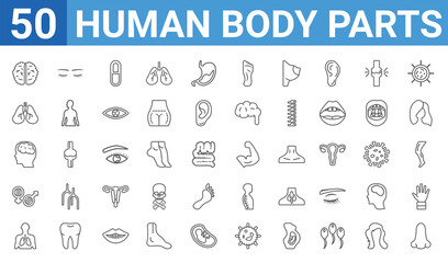 Fototapeta na wymiar set of 50 human body parts web icons. outline thin line icons such as male nose of a line,brain upper view,human with focus on the lungs,male and female gender,male head side view with brains,lungs