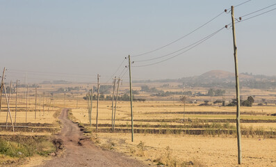 Rural road going through a dry landscape with old electricity poles on sides in Ethiopia, Africa