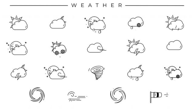Set of black line icons on the theme of Weather.