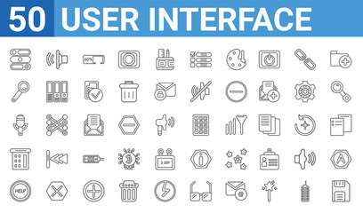 Fototapeta na wymiar set of 50 user interface web icons. outline thin line icons such as floppy disk save button,slide to unlock,help web button,offices,record voice button,glass material,high volume