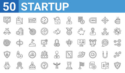 set of 50 startup web icons. outline thin line icons such as validate,strategy sketch,restrict,startup shield,experience,rivalry,career ladder,choose. vector illustration