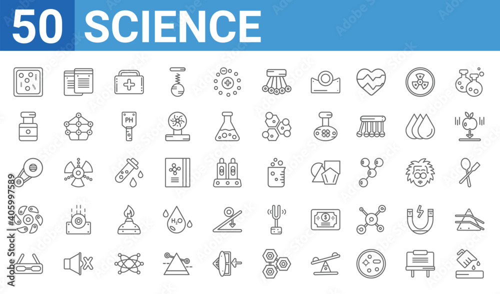 Wall mural set of 50 science web icons. outline thin line icons such as pour,microorganisms,eye protector,vorte