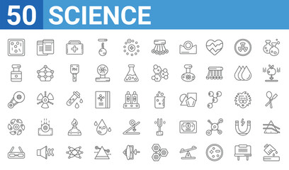 set of 50 science web icons. outline thin line icons such as pour,microorganisms,eye protector,vortex,pulley,vial,notes,beaker. vector illustration